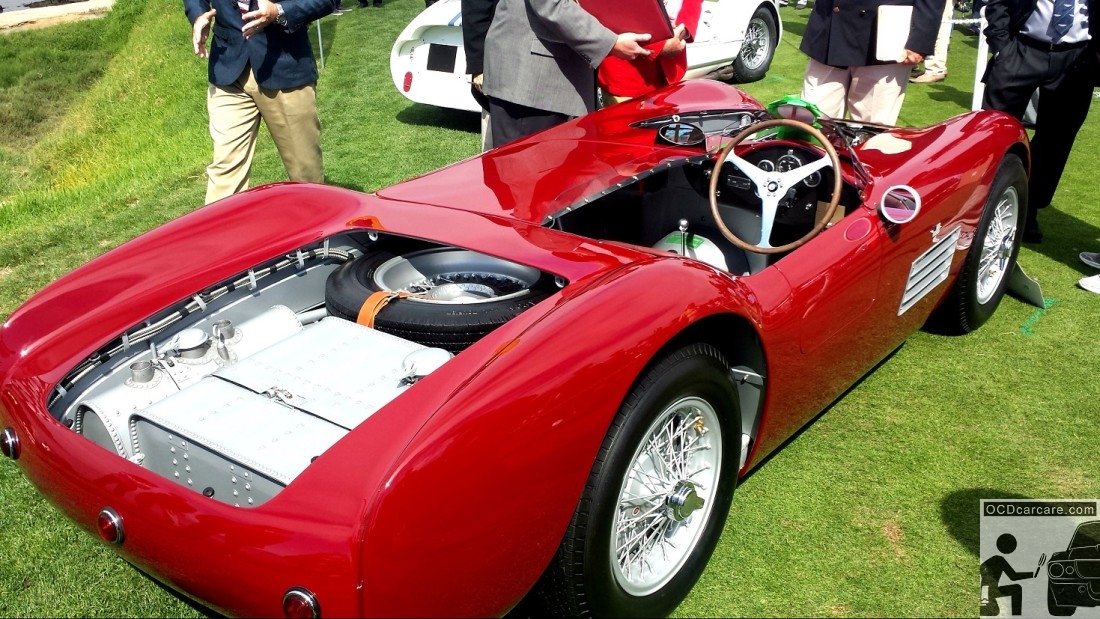 The 1956 Maserati 150S being judged at the 2014 Pebble Beach Concours d' Elegance. 1956 Maserati 150S at the 2014 Pebble Beach Concours d' Elegance. Preparation by OCDCarCare Los Angeles.