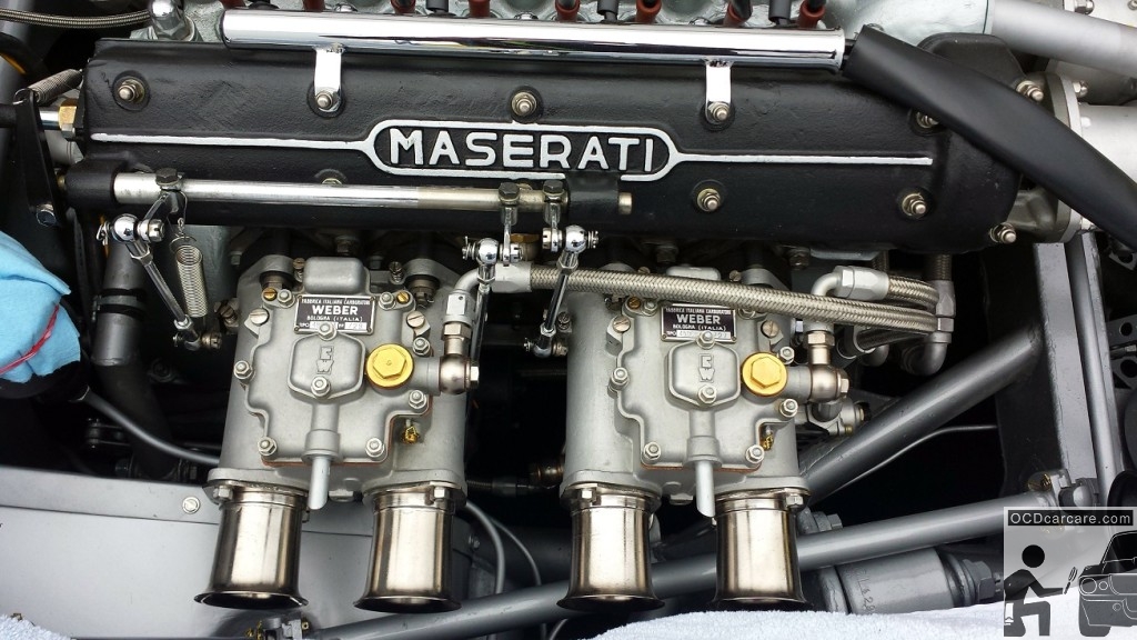 Close up of the 1956 Maserati 150S engine bay after final cleaning in preparation for the 2014 Pebble Beach Concours d' Elegance. 1956 Maserati 150S engine bay after final preparation for the 2014 Pebble Beach Concours d' Elegance. Detailig Pasadena, Ca. - www.ocdcarcare.com - (949) 427-1191 - info@ocdcarcare.com