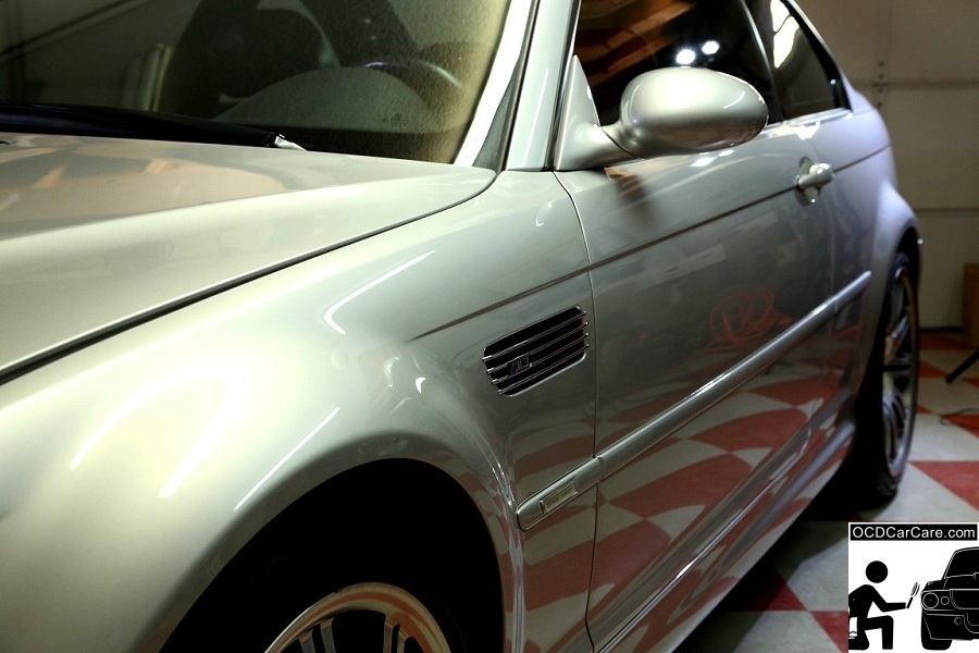 This shot captures the 2002 M3's reflectivity before any CQuartz FINEST paint coating was applied. BMW E46 - Full Paint Correction Detail & Cquartz FINEST Ceramic Protective Paint Coating - Before Coating Application