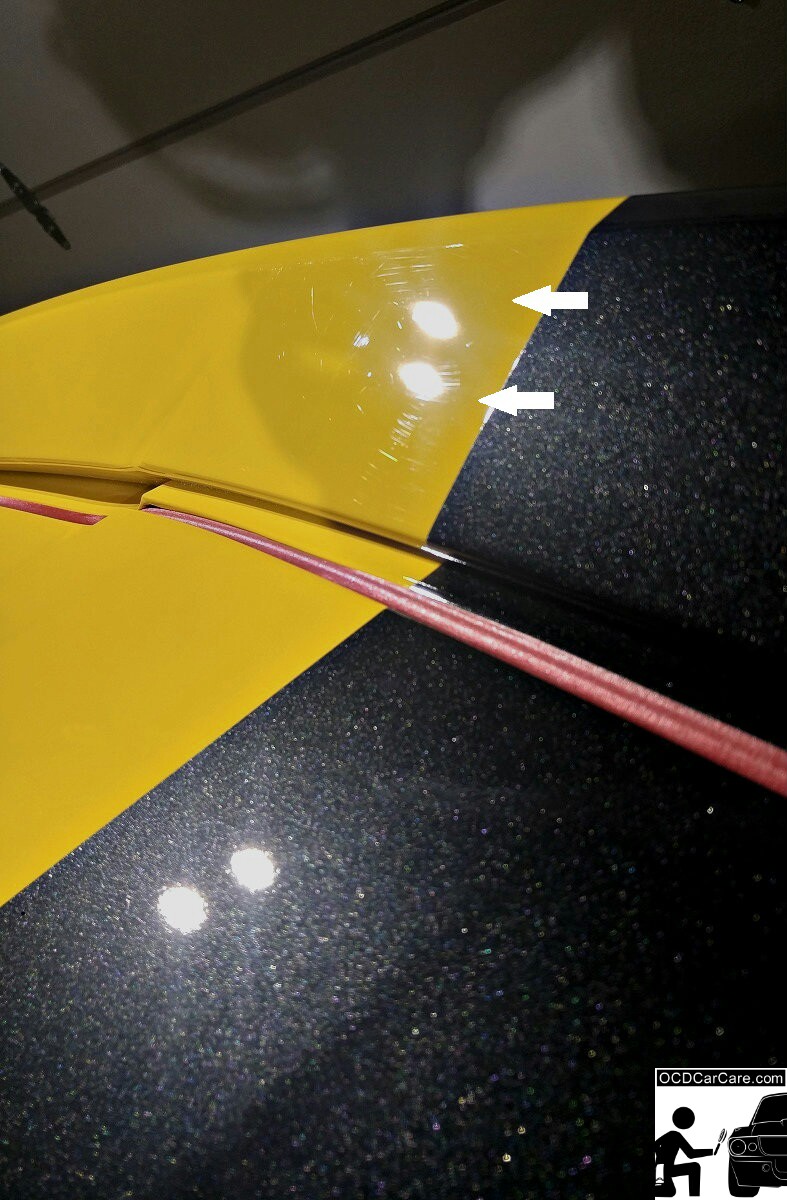 Typical defects from dealership complimentary washes displayed on this 2016 Corvette C7 Stingray Z51.