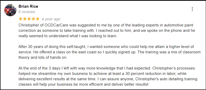 Detailer Testimonial of Christopher Brown * OCDCarCare Los Angeles Detailing Training Classes